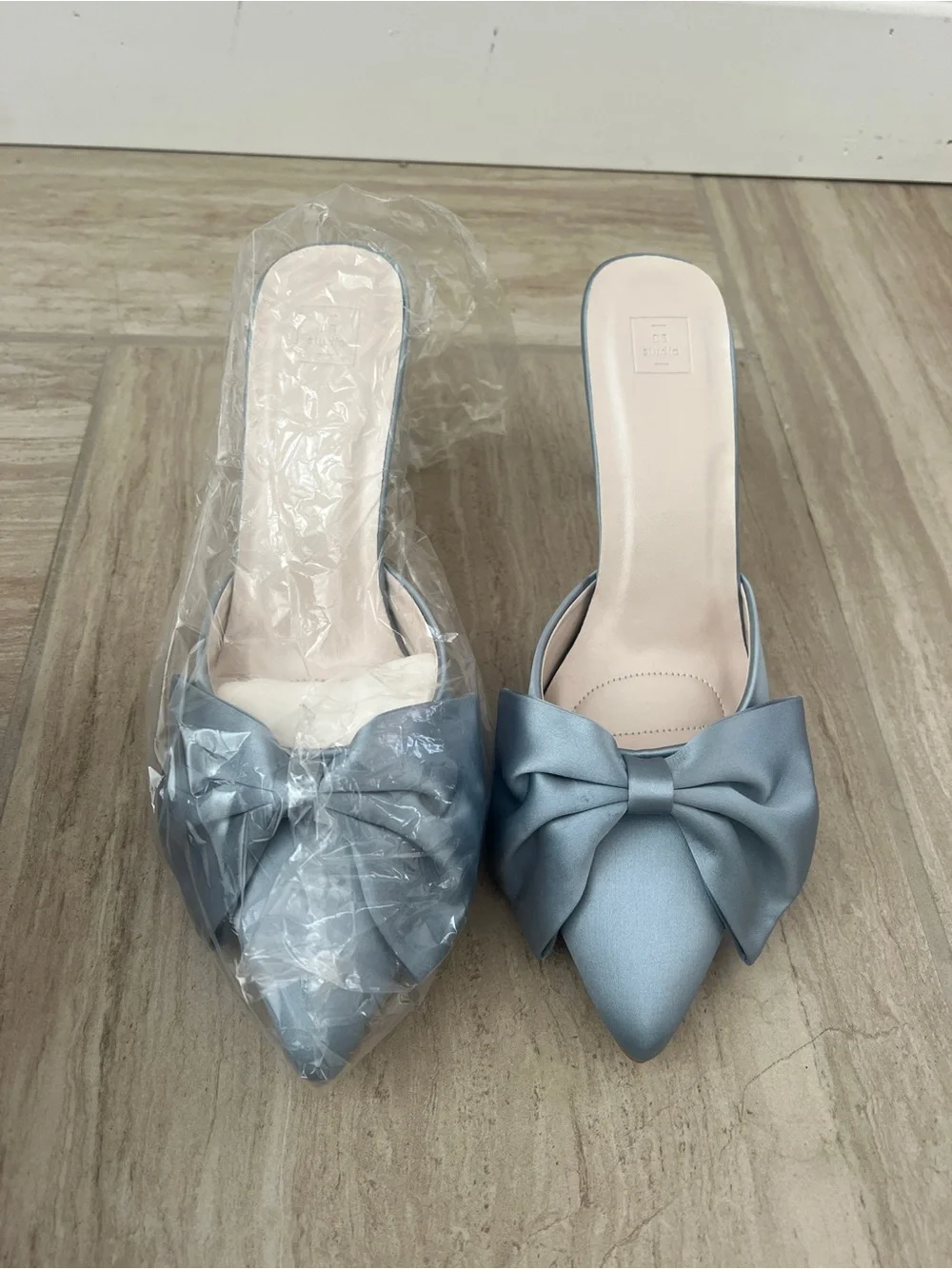 Light Blue Satin Pointed-Toe Mule with Bow - Picture 4 of 5